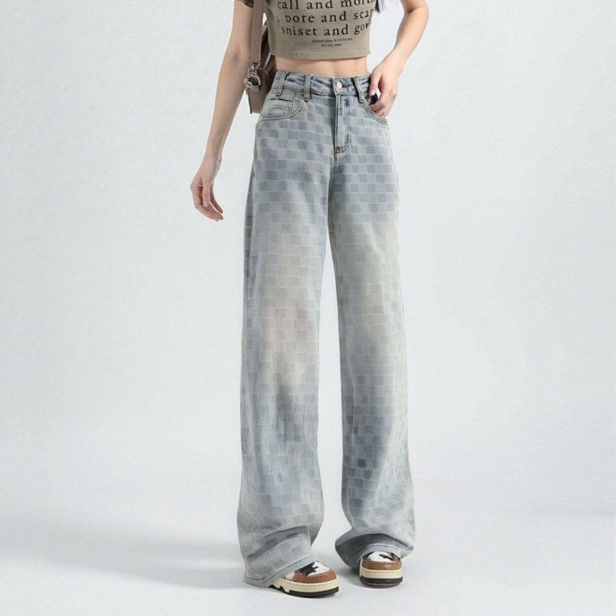 Women's Trendy Gradient Plaid Design High-Waisted Wide-Leg Jeans A10096