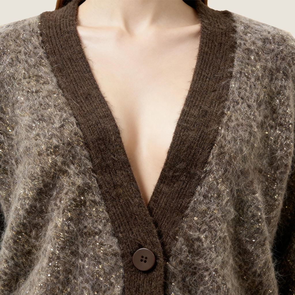 Chocolate Contrast-Trim Mohair Cardigan - M31N