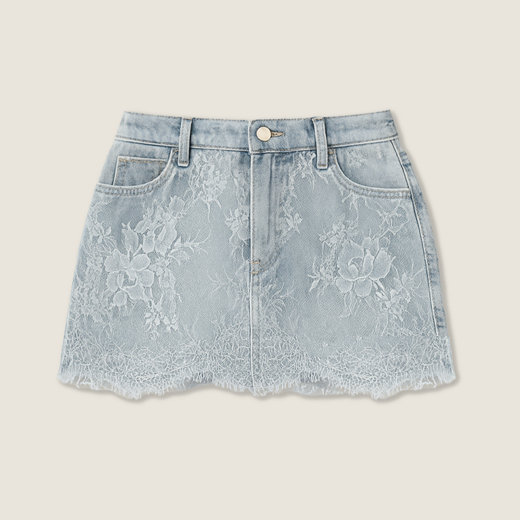 Women's Embroidered Lace Trim A-Line Denim Mini Skirt High Waist Jean Skirt A10110