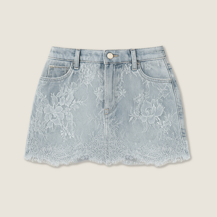 Women's Embroidered Lace Trim A-Line Denim Mini Skirt High Waist Jean Skirt A10110