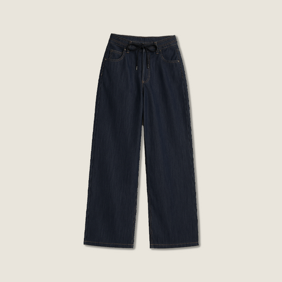 Women's High-Waisted Wide-Leg Denim Pants with Drawstring A10269