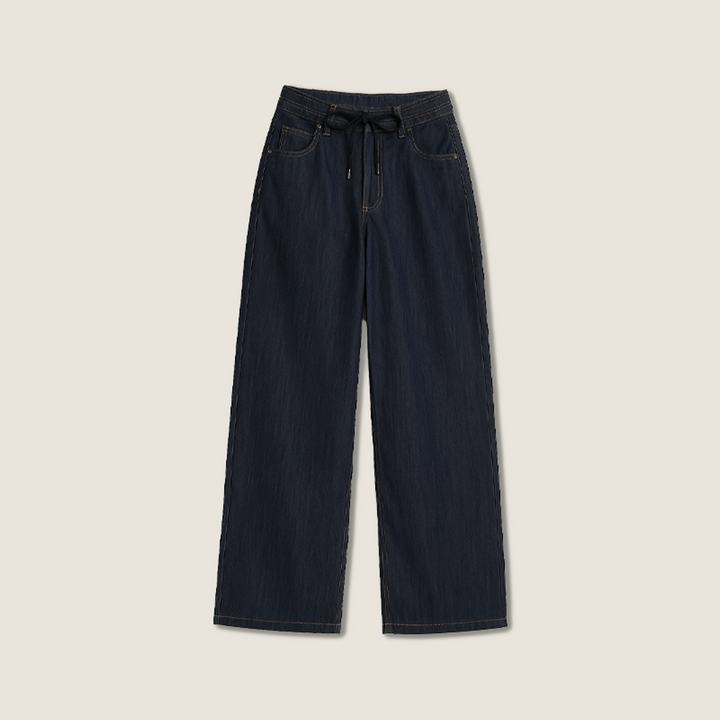 Women's High-Waisted Wide-Leg Denim Pants with Drawstring A10269