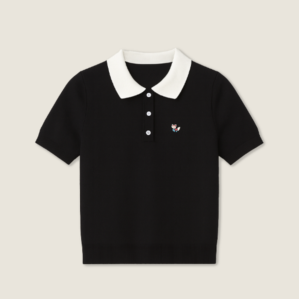 Women's Black Cropped Polo Sweater with White Collar and Fox Embroidery-Trendy Casual Knit Top A10049