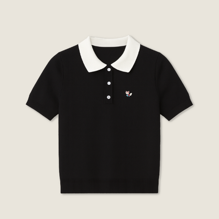Women's Black Cropped Polo Sweater with White Collar and Fox Embroidery-Trendy Casual Knit Top A10049