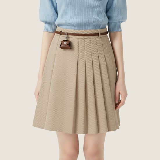 Short-Sleeve Ribbed Knit with Belted Pleated Mini Skirt A93113