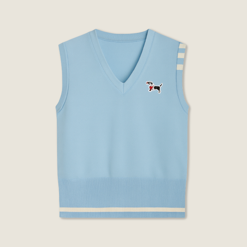 Women's V-Neck Knit Vest with Dog Embroidery-Trendy Sleeveless Preppy Style A10146