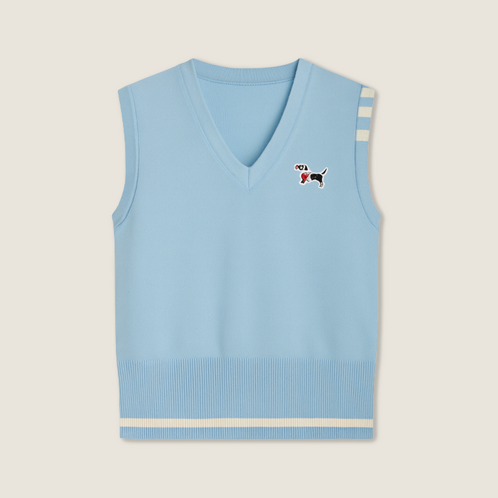 Women's V-Neck Knit Vest with Dog Embroidery-Trendy Sleeveless Preppy Style A10146