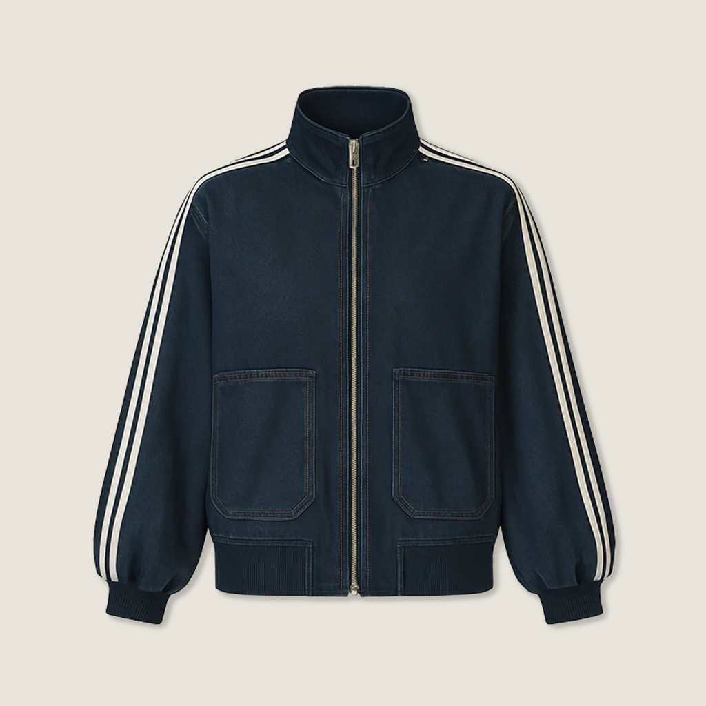 Women's Zip-Front Denim Jacket with Striped Sleeves Trendy Casual Bomber Jacket A10067