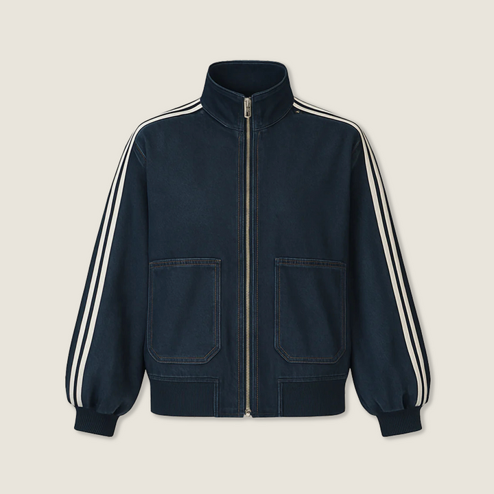 Women's Zip-Front Denim Jacket with Striped Sleeves Trendy Casual Bomber Jacket A10067