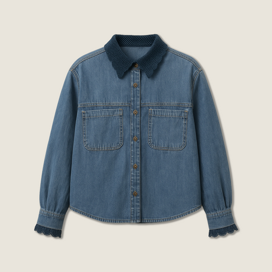 Women's Vintage Wash Denim Button-Down Shirt with Lace Collar and Cuffs A10250
