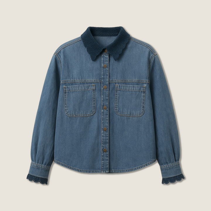 Women's Vintage Wash Denim Button-Down Shirt with Lace Collar and Cuffs A10250
