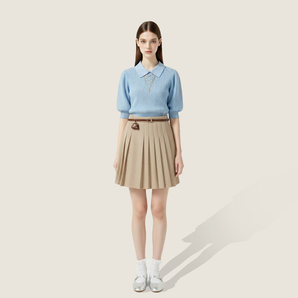 Short-Sleeve Ribbed Knit with Belted Pleated Mini Skirt A93113