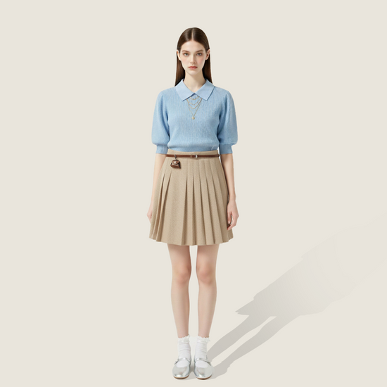 Short-Sleeve Ribbed Knit with Belted Pleated Mini Skirt A93113