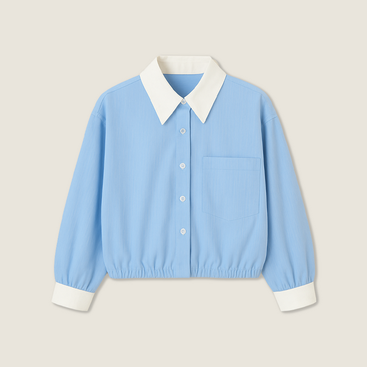 Women's Button-Down Shirt with Contrast Collar and Cuffs Trendy Long Sleeve Cropped Top A10084
