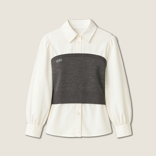 Women's Layered Look Shirt-Contrast Color Knit Panel with Collared Long Sleeve Top A10201