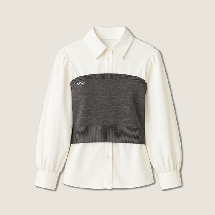 Women's Layered Look Shirt-Contrast Color Knit Panel with Collared Long Sleeve Top A10201