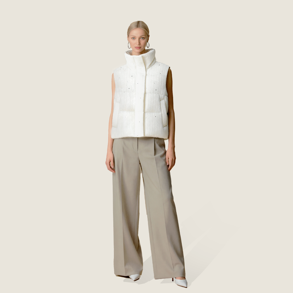 Cream Herringbone Down Vest M31N