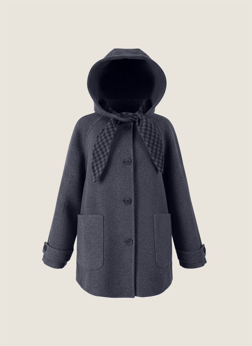 Wool Hooded Coat with Check Lapel M31N