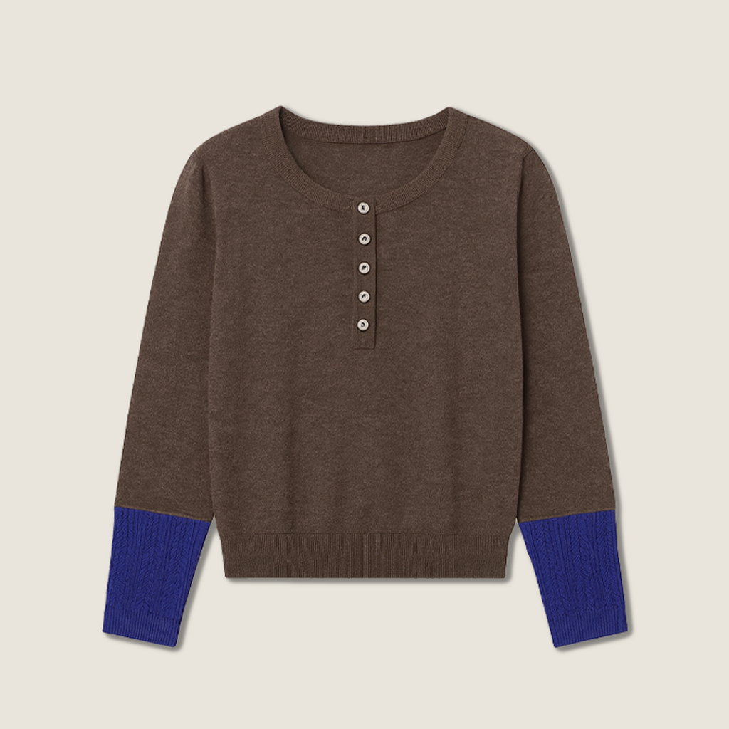 Women's Plain Henley Sweater with Color Contrast Cuffs A10213