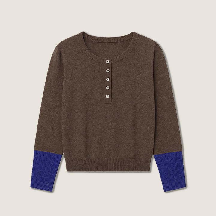 Women's Plain Henley Sweater with Color Contrast Cuffs A10213