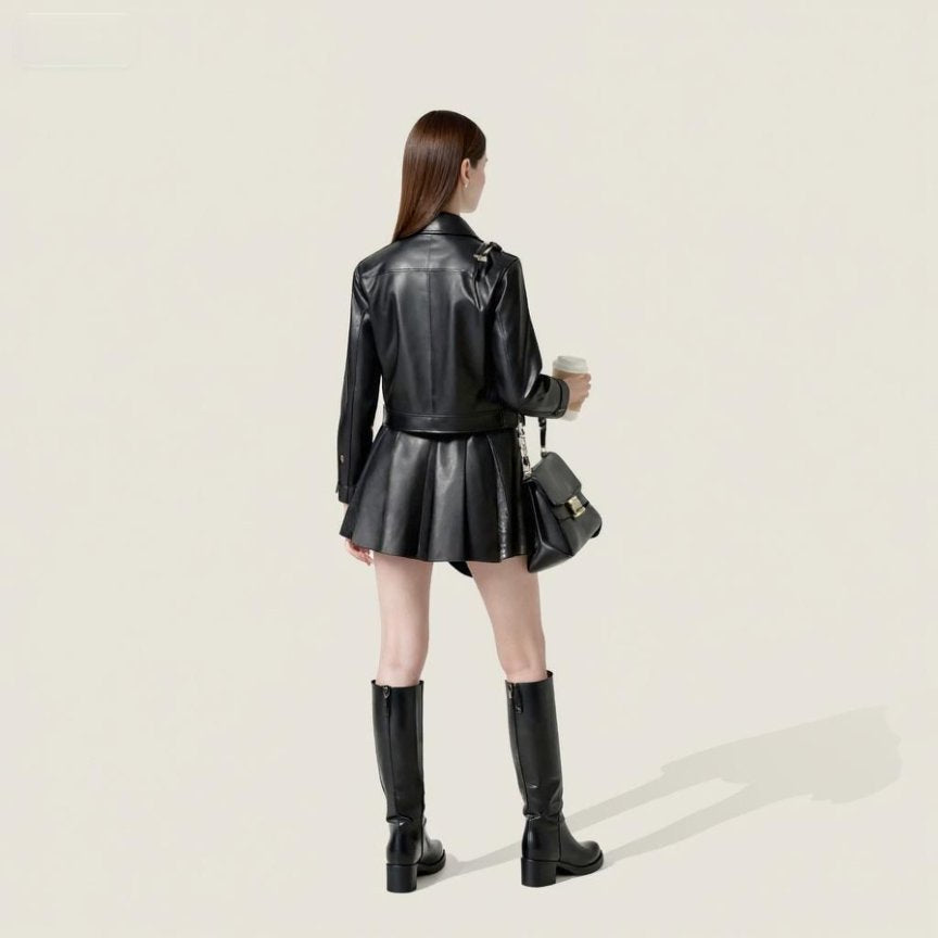 Women's Vegan Leather Lapel Jacket Trendy Urban Street Style A10216