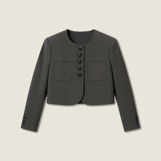 Women's Plain Button-Front Collarless Cropped Blazer with Pockets A10270