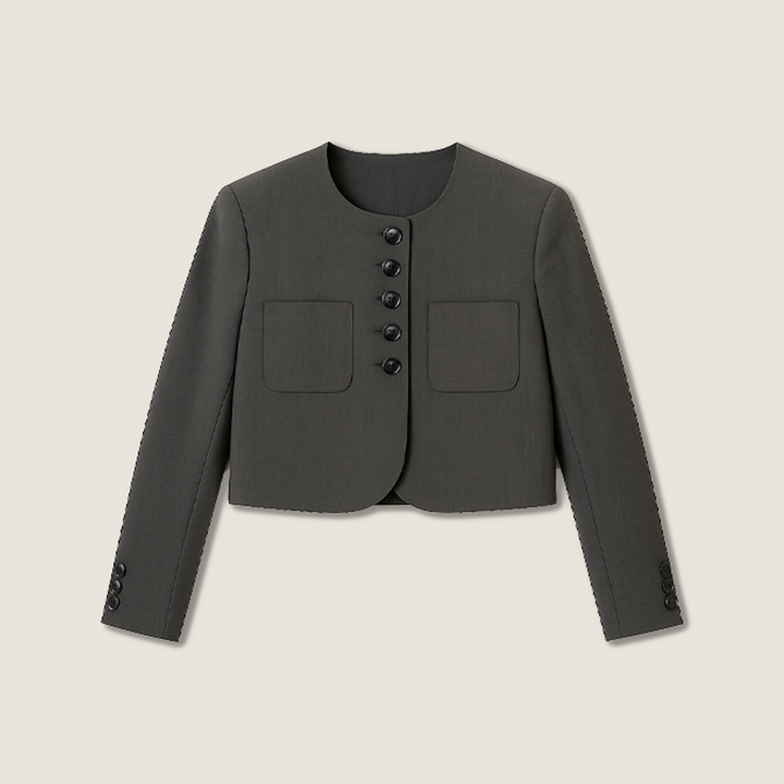 Women's Plain Button-Front Collarless Cropped Blazer with Pockets A10270