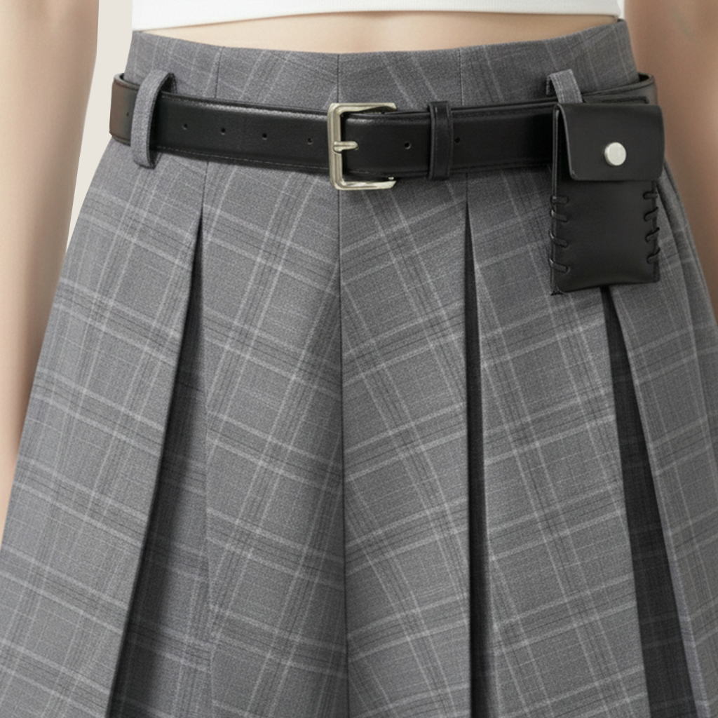 Pleated Contrast Trim Skirt with Belt M31N