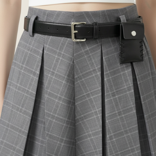 Pleated Contrast Trim Skirt with Belt M31N