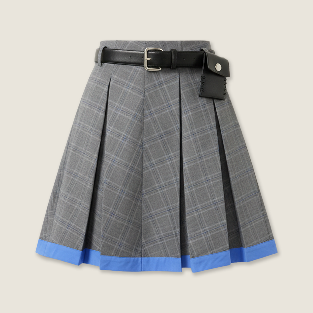 Pleated Contrast Trim Skirt with Belt M31N