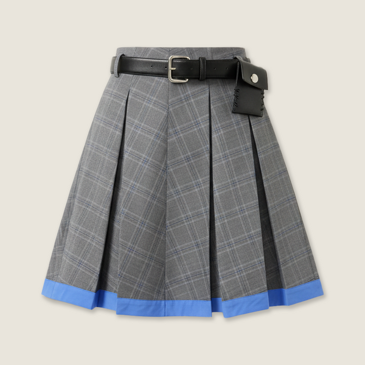 Pleated Contrast Trim Skirt with Belt M31N