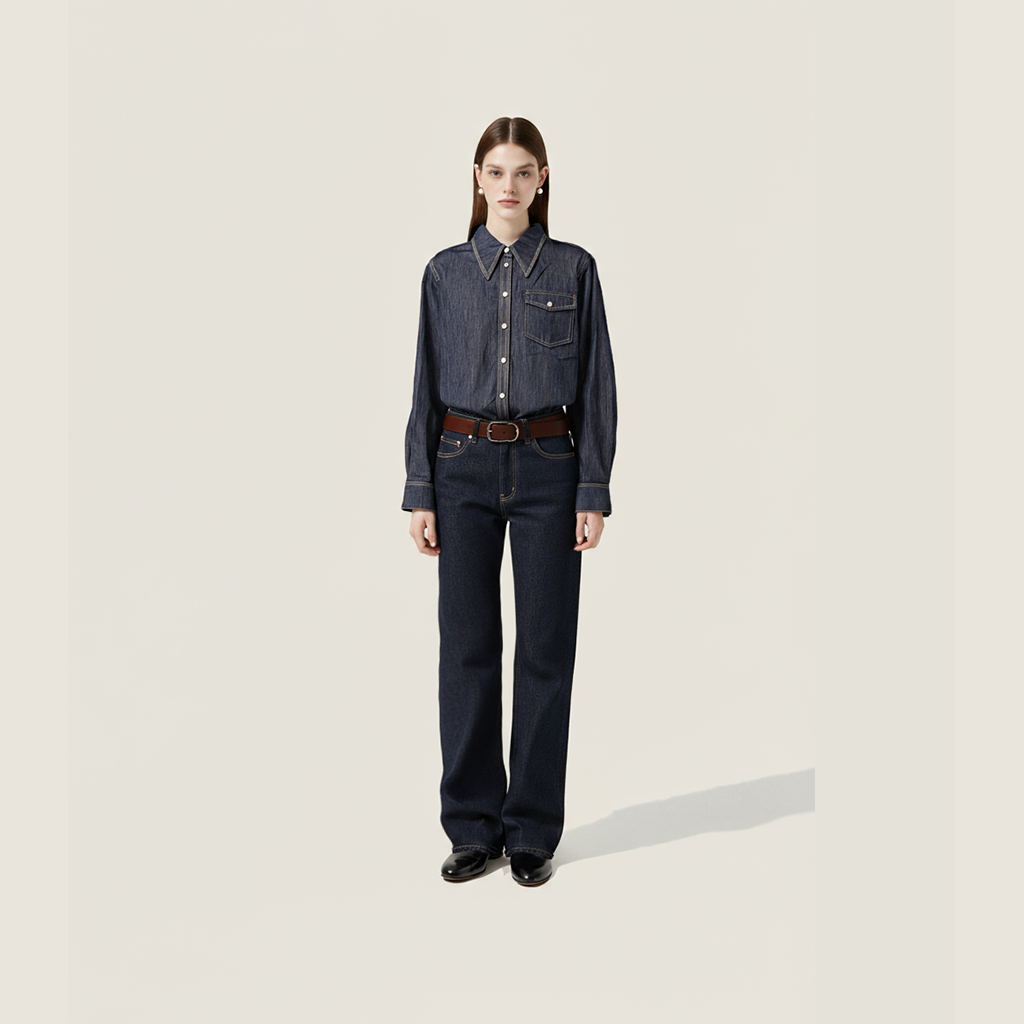 Women's Retro Denim Button-Down Long Sleeve Collared Shirt with Contrast Stitching A10268