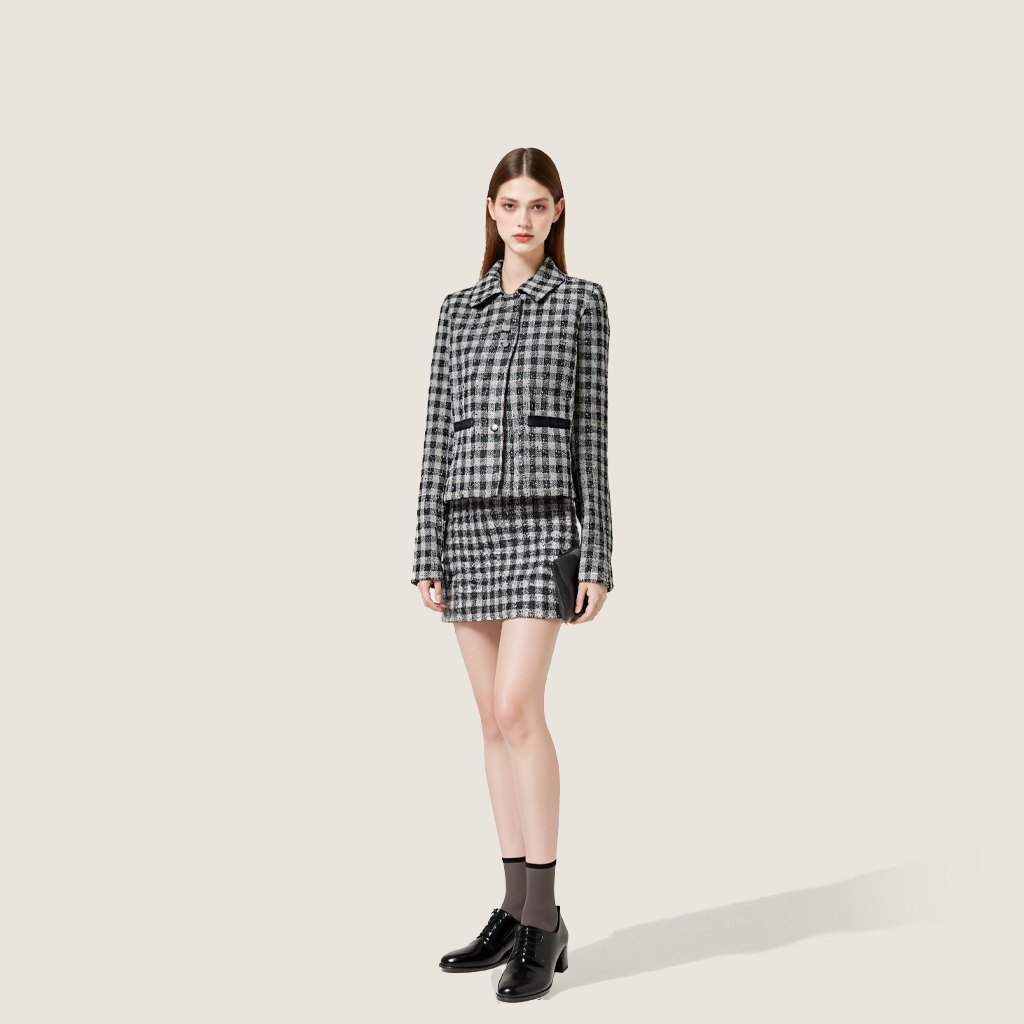 Women's Plaid Cropped-Trendy Button-Up Long Sleeve Collared Coat A10205