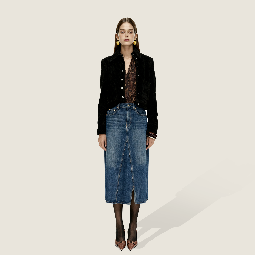 Denim Trim-Detail Mid-Rise Skirt A10089