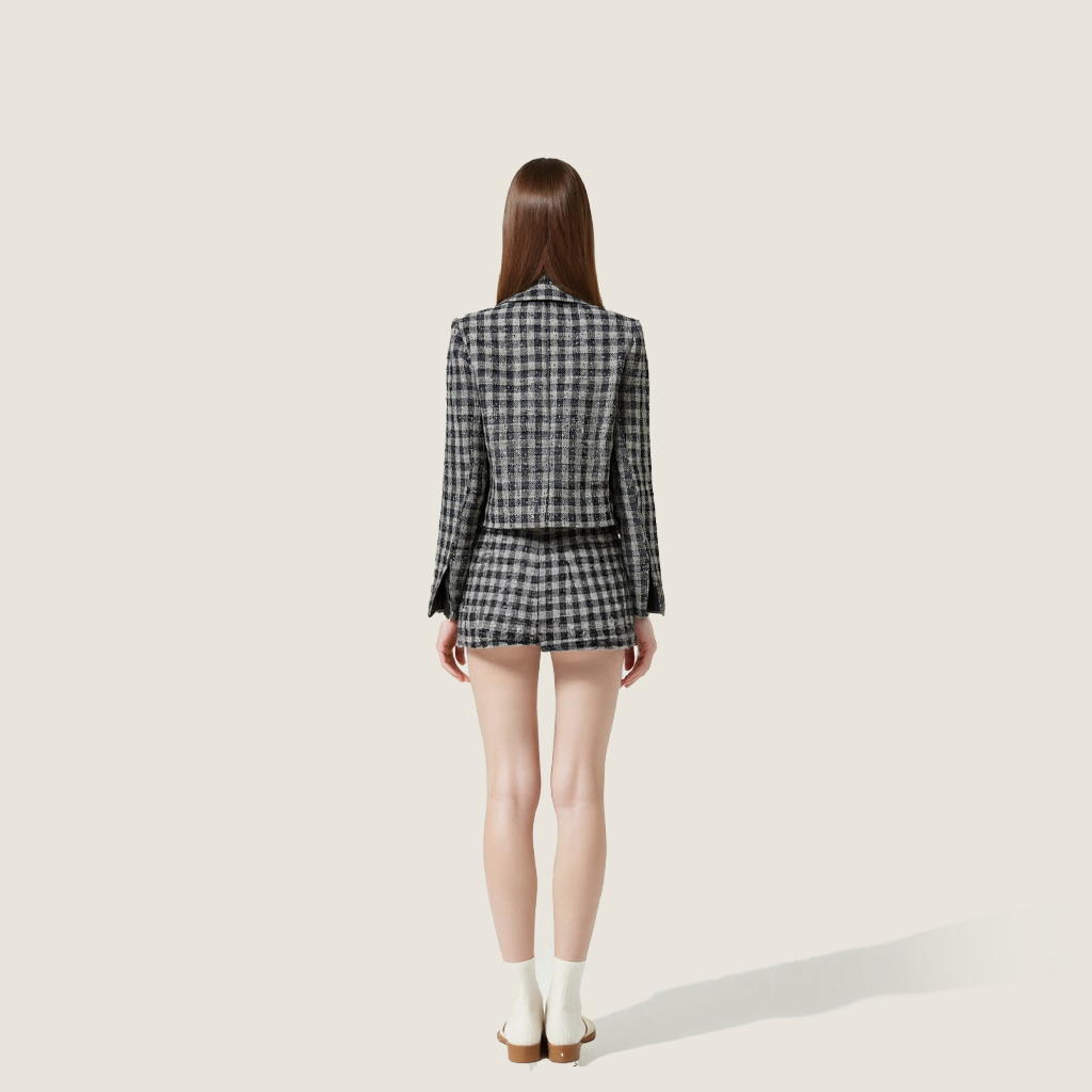 Women's Plaid Cropped-Trendy Button-Up Long Sleeve Collared Coat A10205