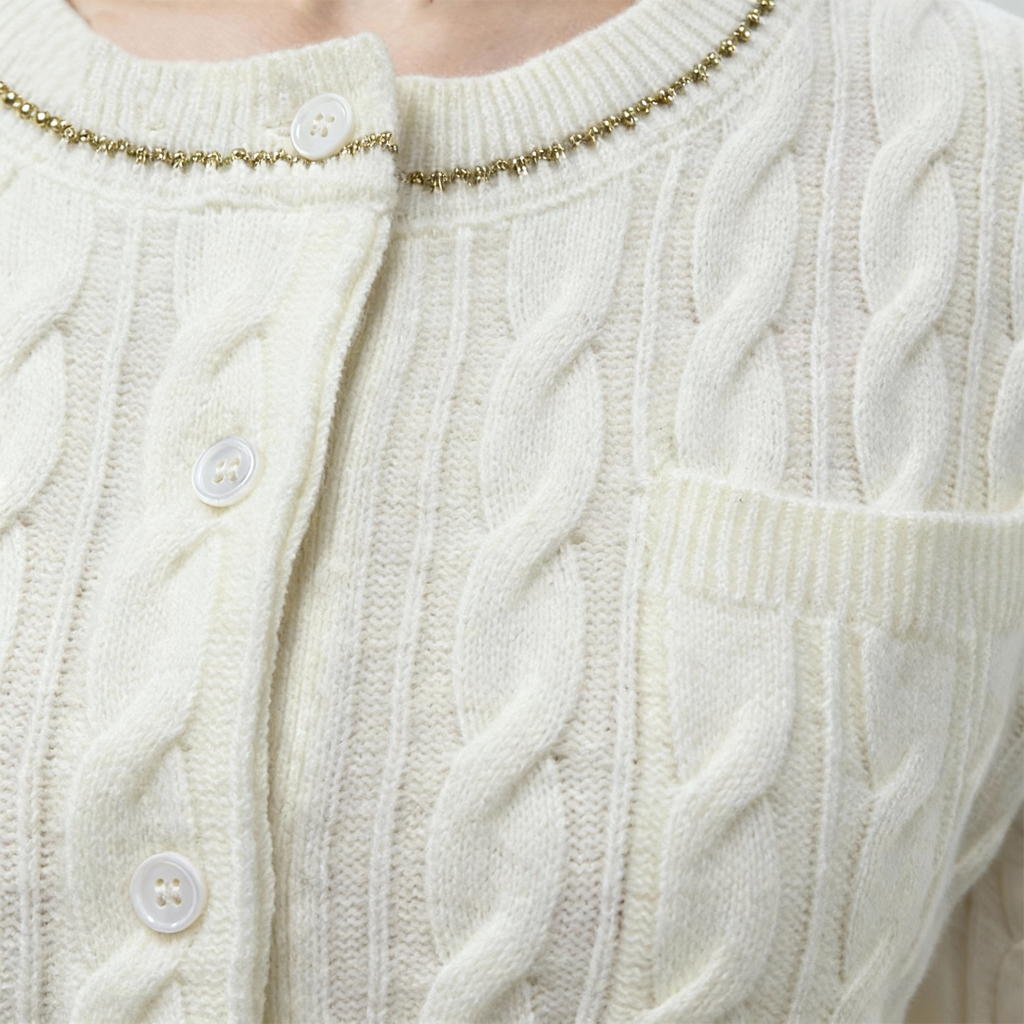 Cable-Knit Cardigan with Embellished Neckline M31N