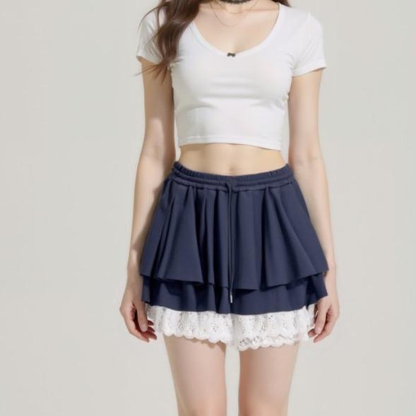 [M31N] Dark blue three-layer lace short skirt for women 10036