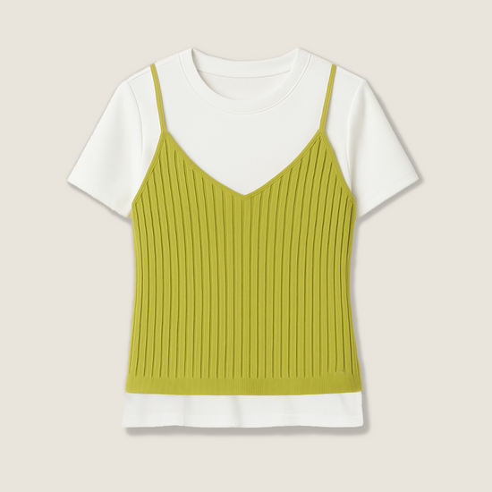 Women's Ribbed Cami Layered with White Short-Sleeve Top Trendy Casual Two-in-One Shirt A10066
