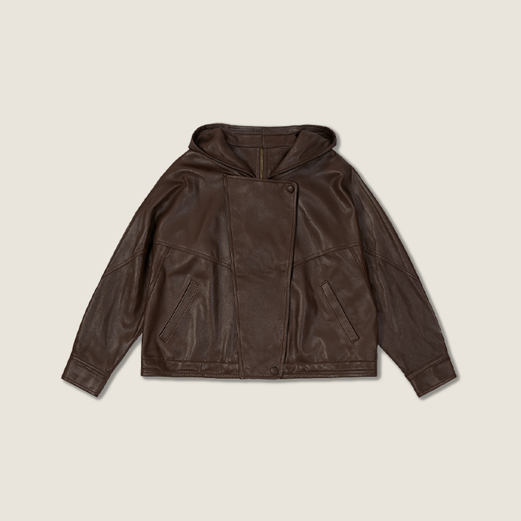 Asymmetric Zip-Collar Lambskin Jacket A10422