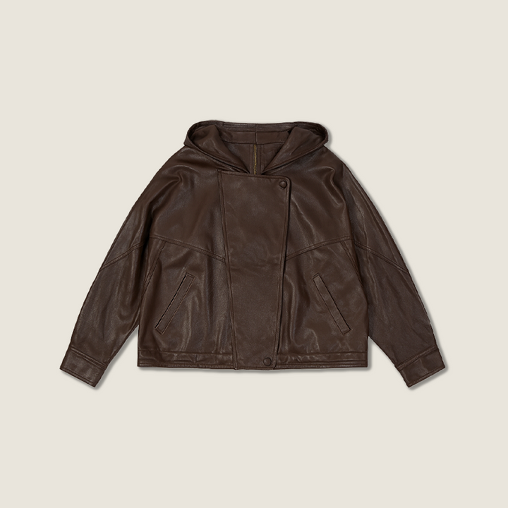 Asymmetric Zip-Collar Lambskin Jacket A10422