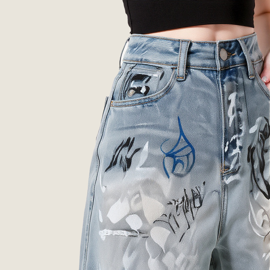 Women's Graffiti Print High-Waisted Wide-Leg Jeans A10154