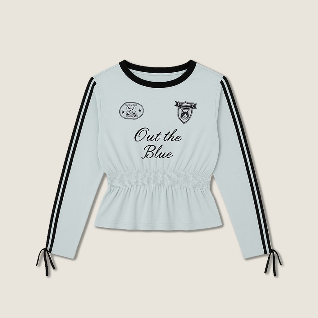 Women's Cropped Peplum Graphic Top with Long Striped Sleeves A10077
