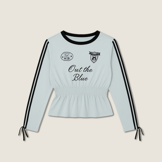 Women's Cropped Peplum Graphic Top with Long Striped Sleeves A10077