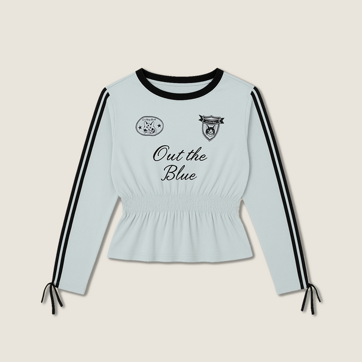 Women's Cropped Peplum Graphic Top with Long Striped Sleeves A10077