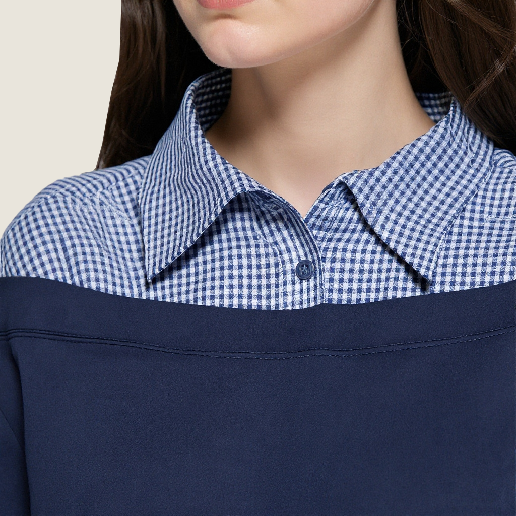 Women's Layered Off-Shoulder Sweatshirt with Plaid Shirt Detail A10238