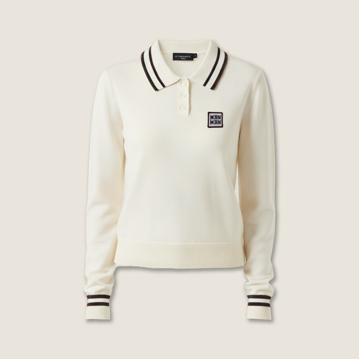 Women's Cropped Polo Sweater with Striped Collar and Cuffs-Trendy Preppy Style Knit Top A10047