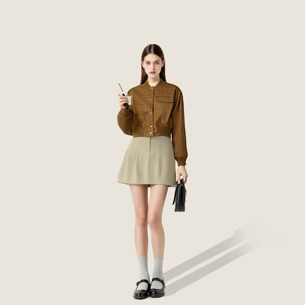 Women's Suede Cropped Bomber Jacket-Trendy Button-Up Casual Outerwear A10206