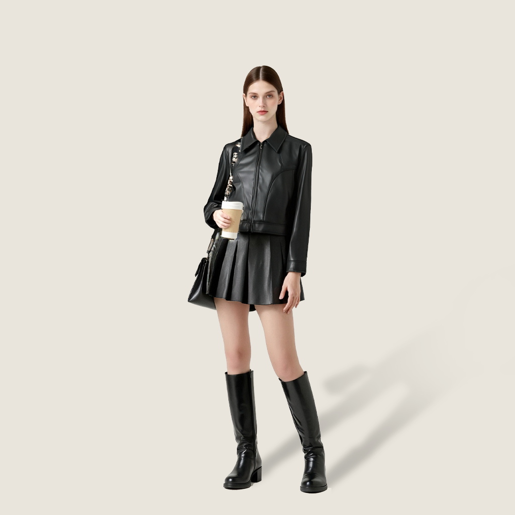 Women's Vegan Leather Lapel Jacket Trendy Urban Street Style A10216