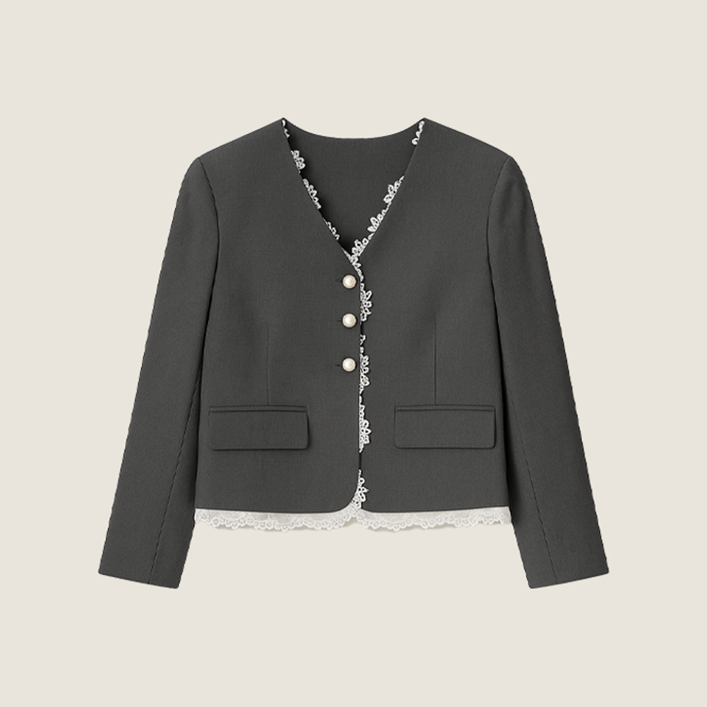 Women's Pearl Button V-Neck Cropped Blazer with Lace Trim A10257