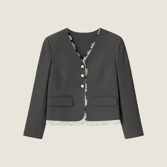 Women's Pearl Button V-Neck Cropped Blazer with Lace Trim A10257